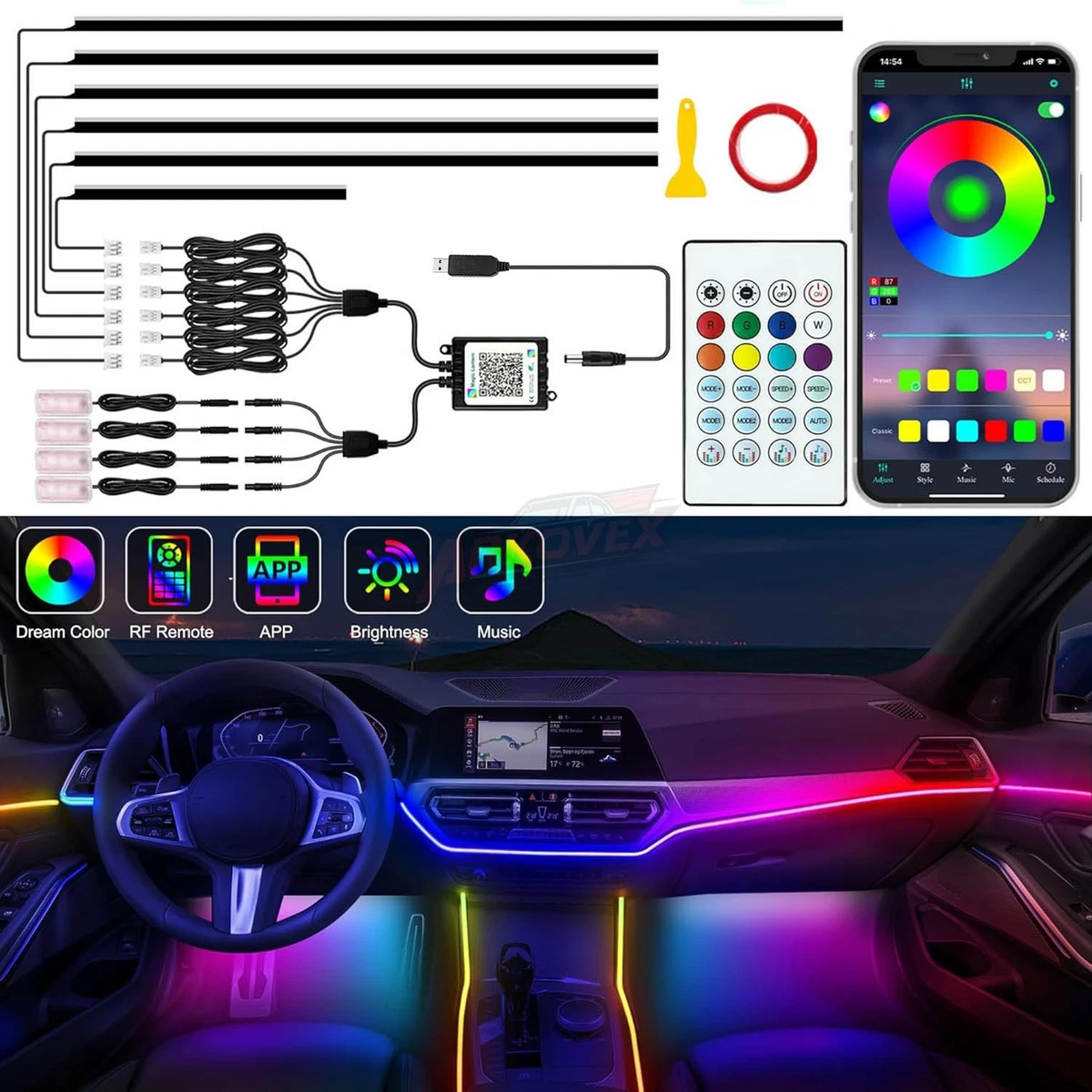 Multi Color EL Acrylic Neon Interior USB Car Ambient Light Kit 12 in1 Music Dynamic